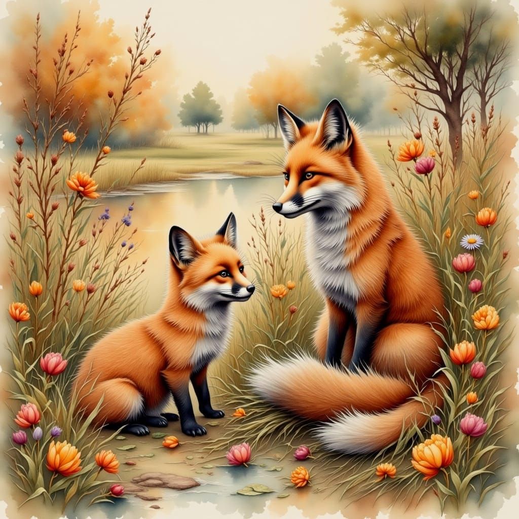 Fox Family in Antique Watercolor Style