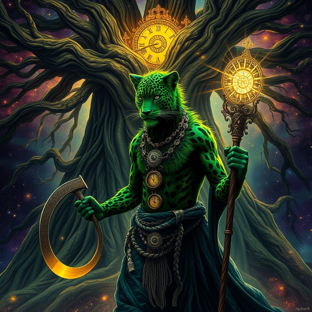 Leopard Man with Sickle and Staff in Dreamlike Setting