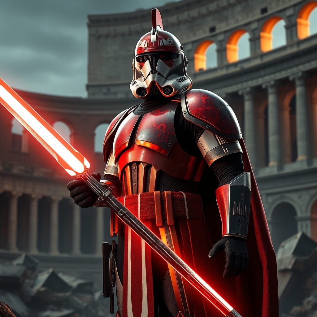 Futuristic Roman Centurion in Colosseum Ruins