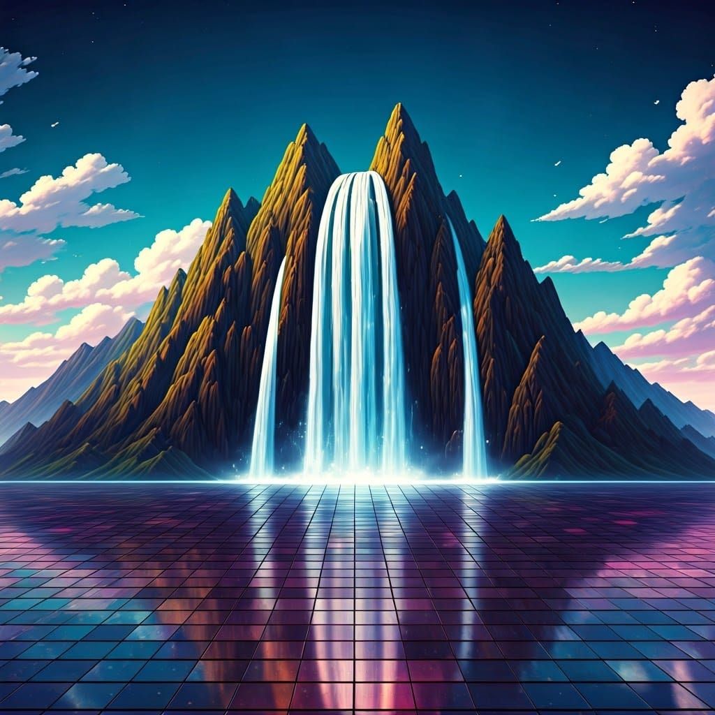 Majestic Mountain Waterfalls Amidst Iridescent Disco Pattern