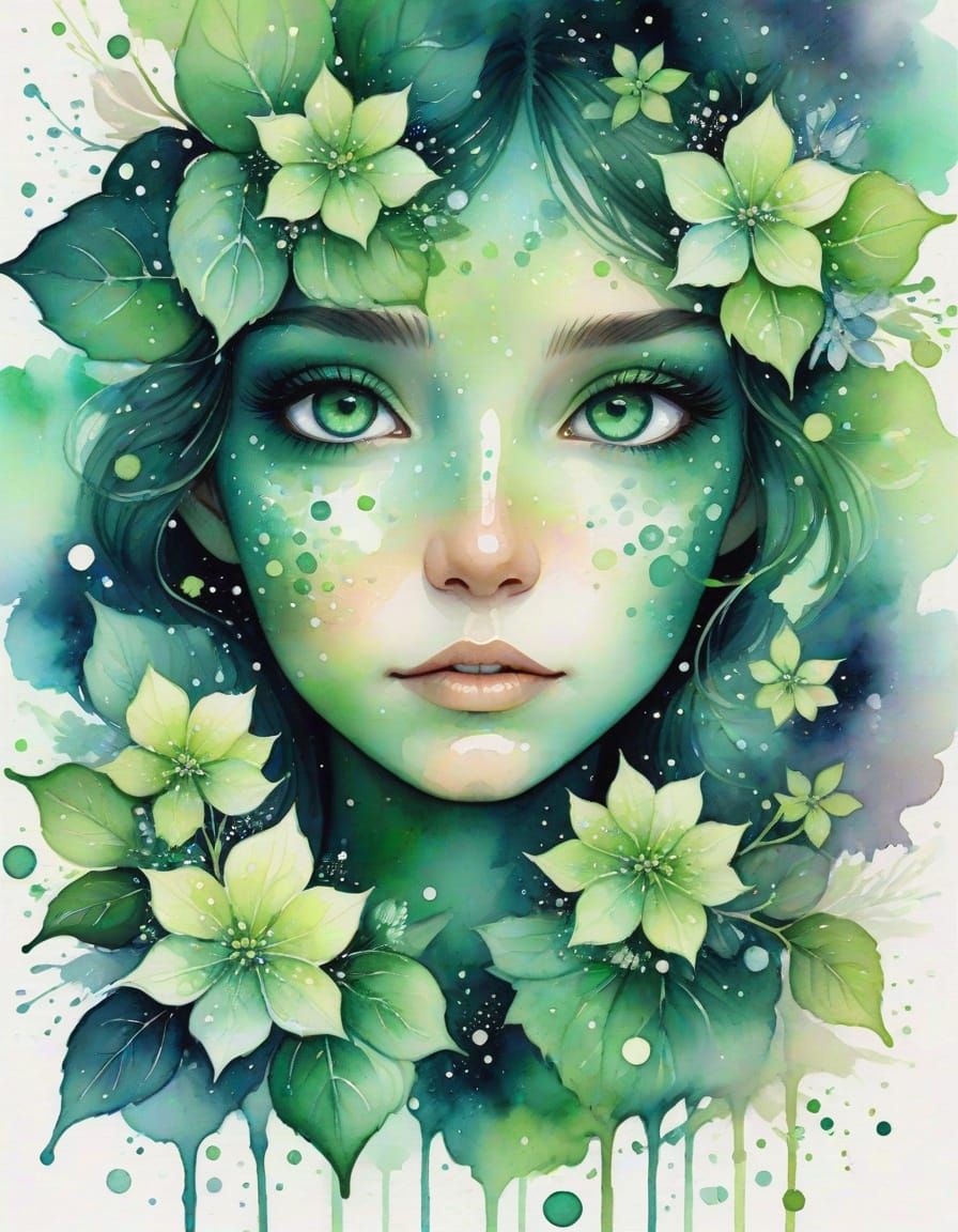 Emerald Eyes with Hydrangeas in Watercolor Splash Art