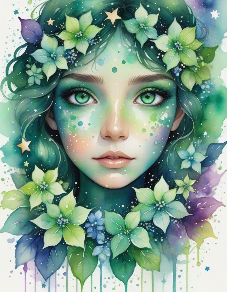 Emerald Eyes with Stars and Hydrangeas in Watercolor