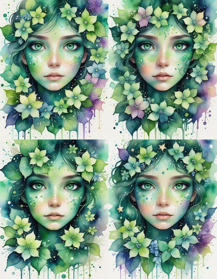 Emerald Eyes with Stars and Hydrangeas in Watercolor