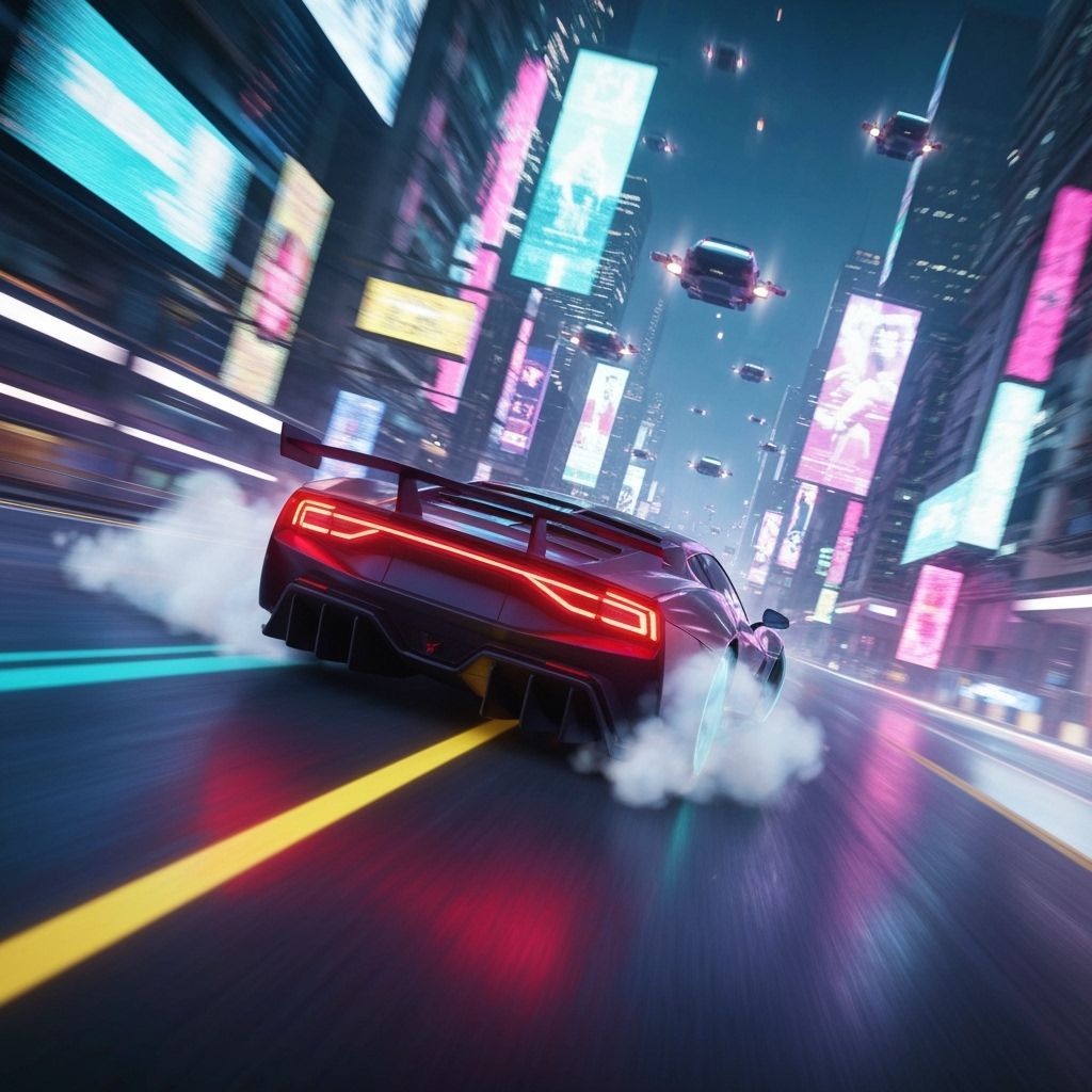 Futuristic Race Car Speeds Through Neon Cityscape
