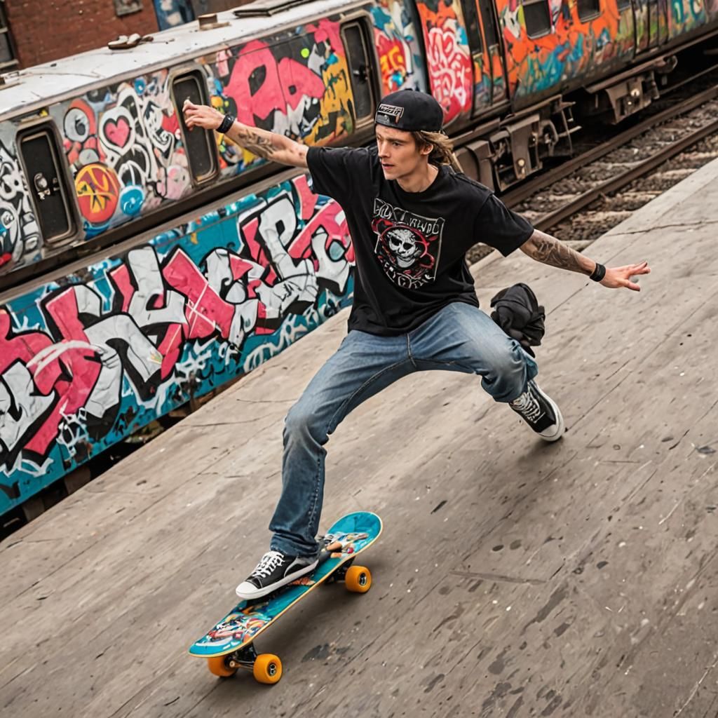 Skateboarder on Graffiti Train in Urban Setting