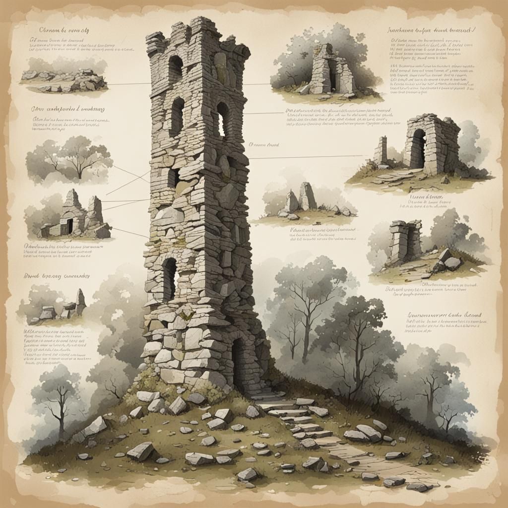 Ruined Stone Tower Illustration in the Woods
