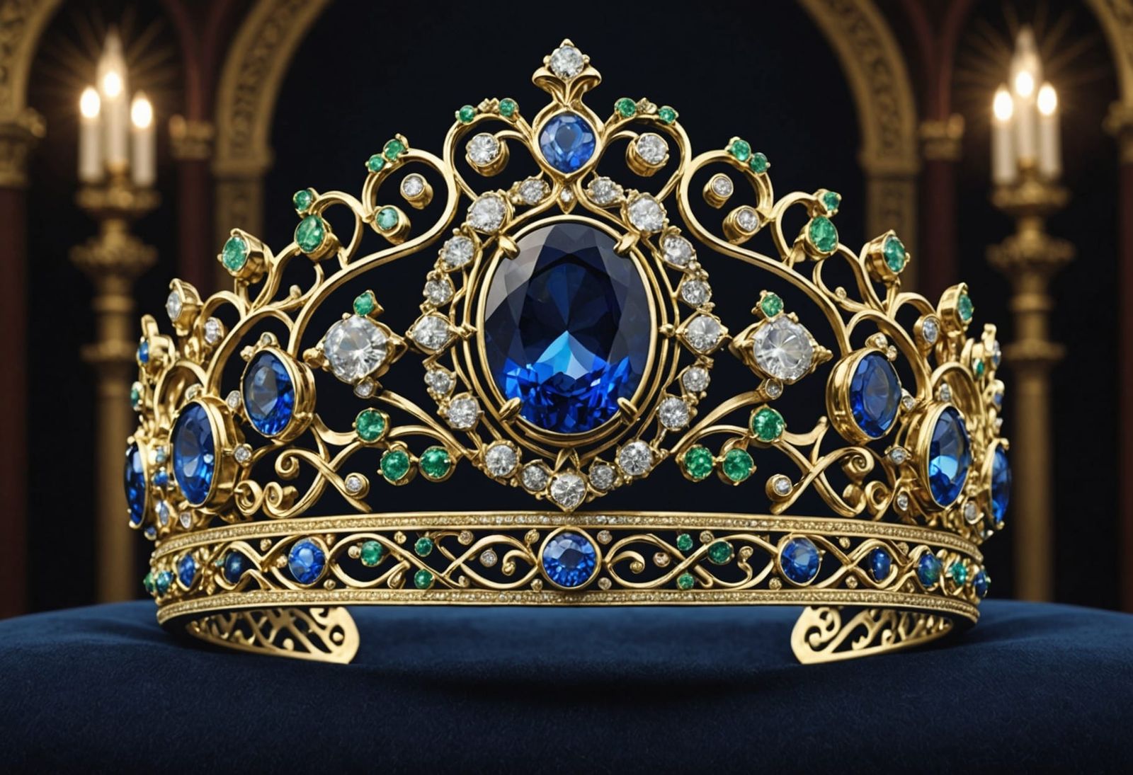 Majestic Royal Tiara with Sapphire on Velvet Cushion