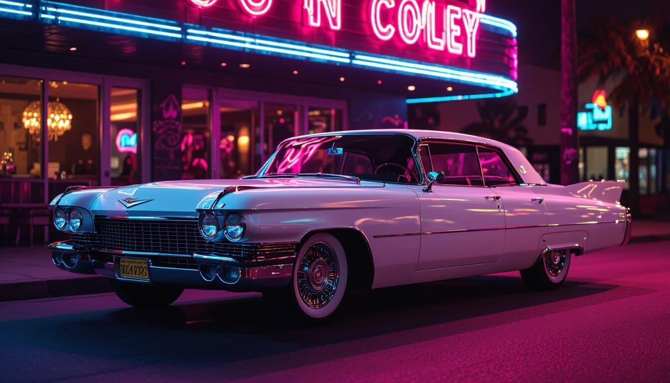 Cadillac at Nightclub in Hyperrealistic Style
