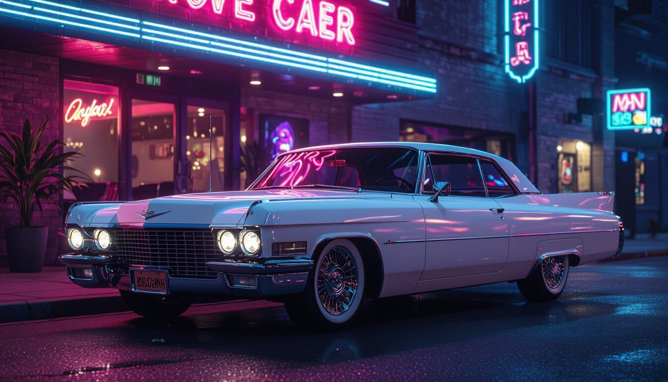 Cadillac at Nightclub in Hyperrealistic Digital Art