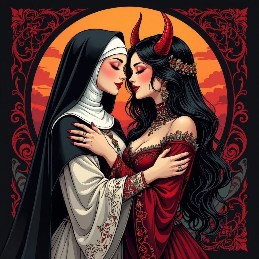 Tender Embrace of Nun and Devil in Tattoo Style