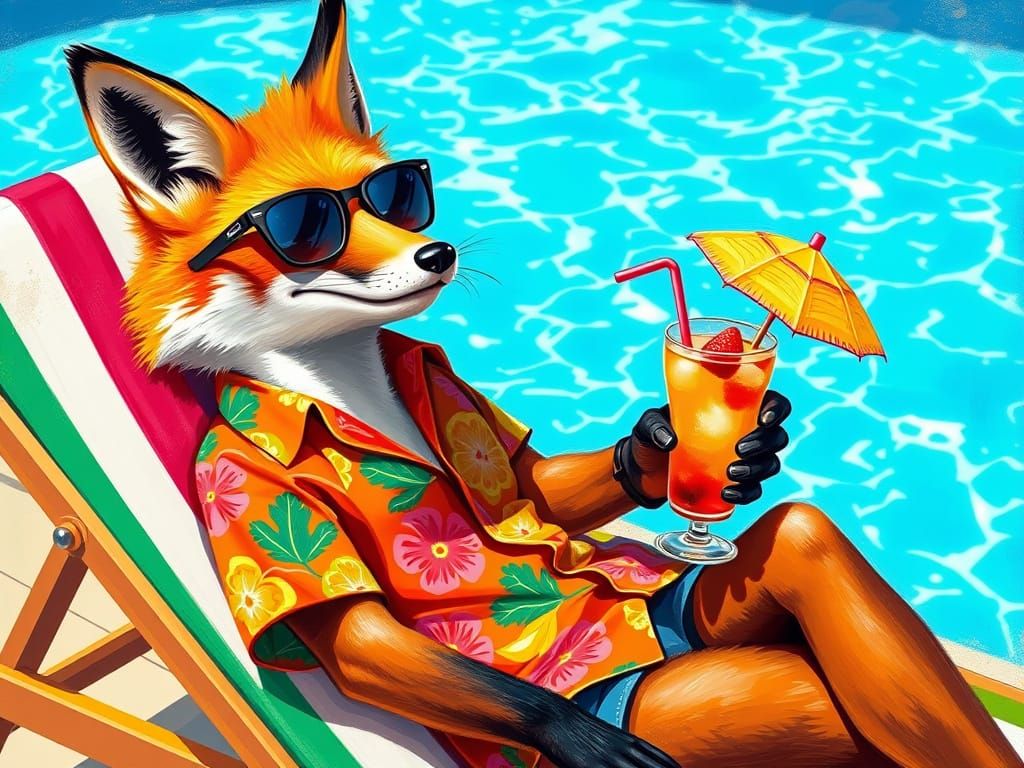 Fox Lounging Poolside in Pop Art Style