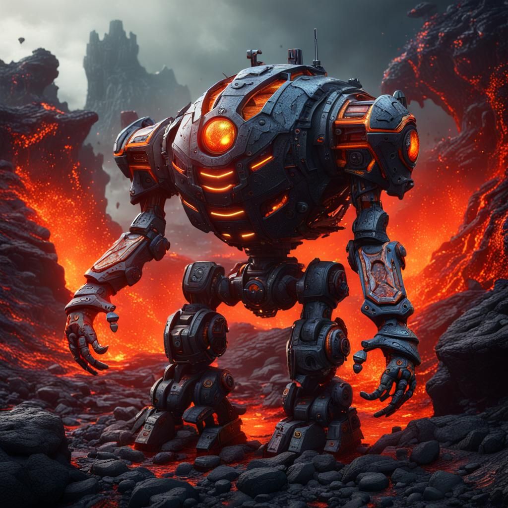 Robotic Dragon on Lava: Detailed Matte Painting