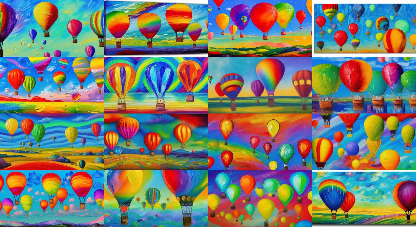 Rainbow Hot Air Balloons: Neo-Impressionist Oil Painting