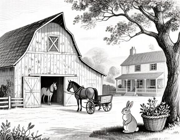 Nostalgic Farm Scene in Storybook Black and White