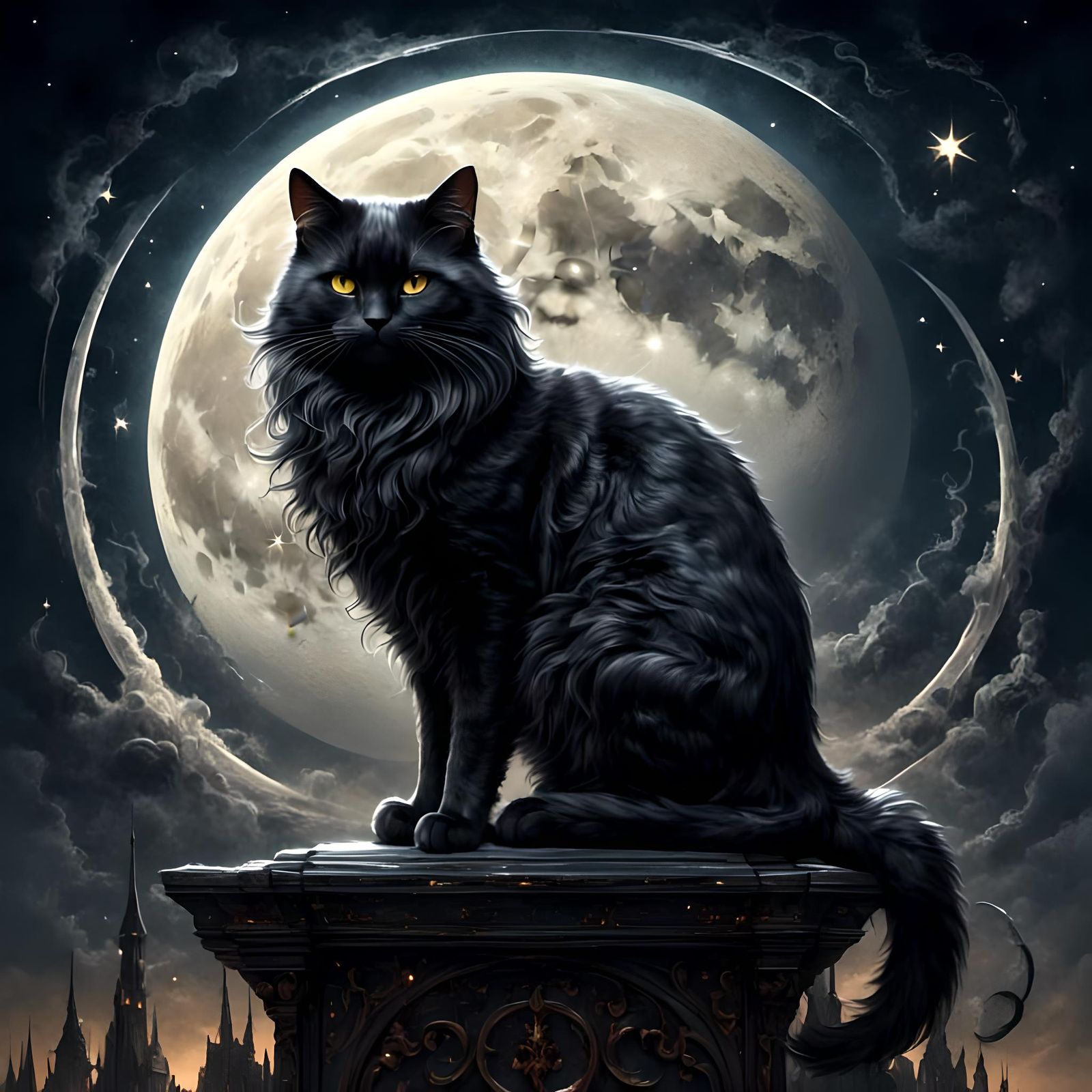 Eerie Black Cat Under the Full Moon