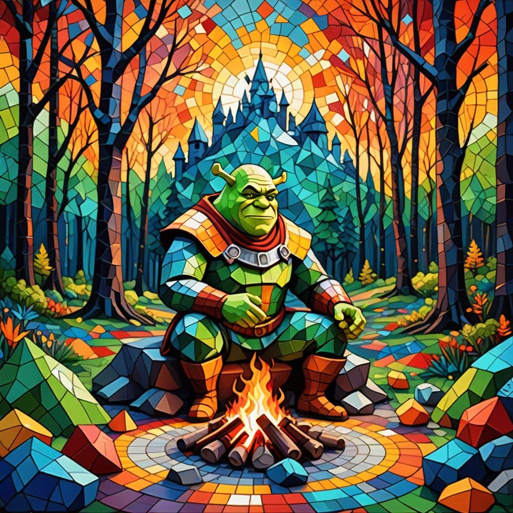 Vibrant Geometric Mosaic of Shrek Roasting Marshmallows by F...