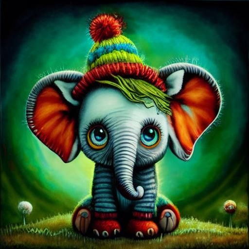 Cute Wooly Baby Elephant in Whimsical Fairytale Style
