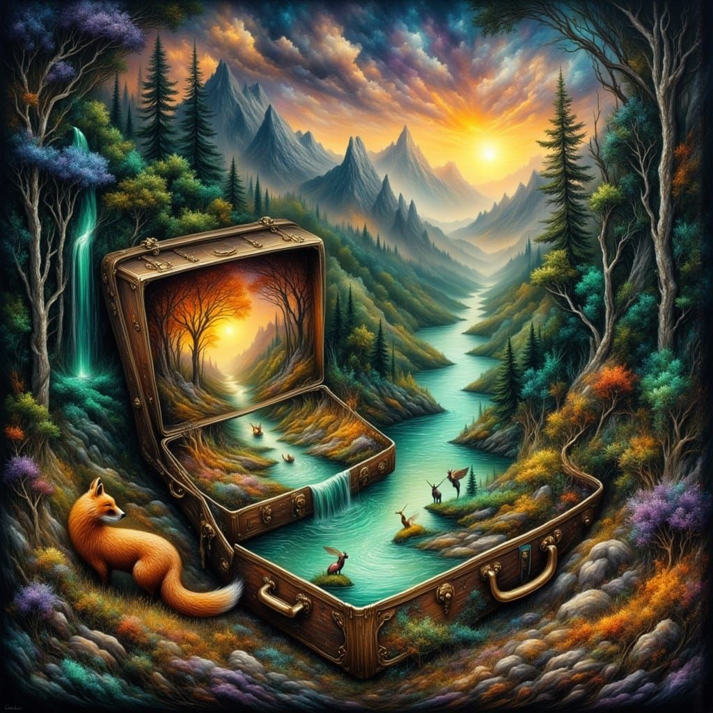 Magical Painting of Nested Suitcases Revealing Enchanted Wor...