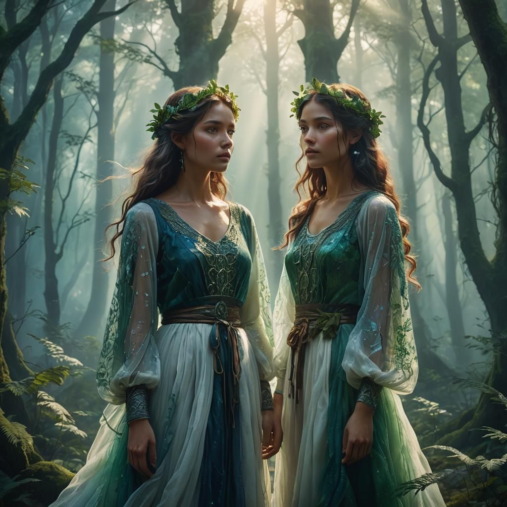 Dreamy Women in Misty Forest: Fantasy Art
