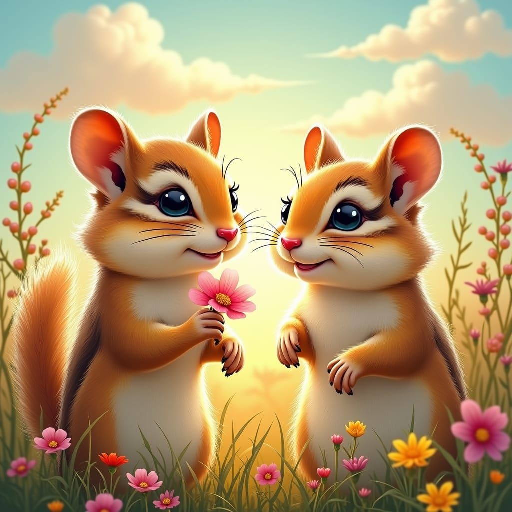 Chipmunks in Floral Wonderland: Art Nouveau Illustration