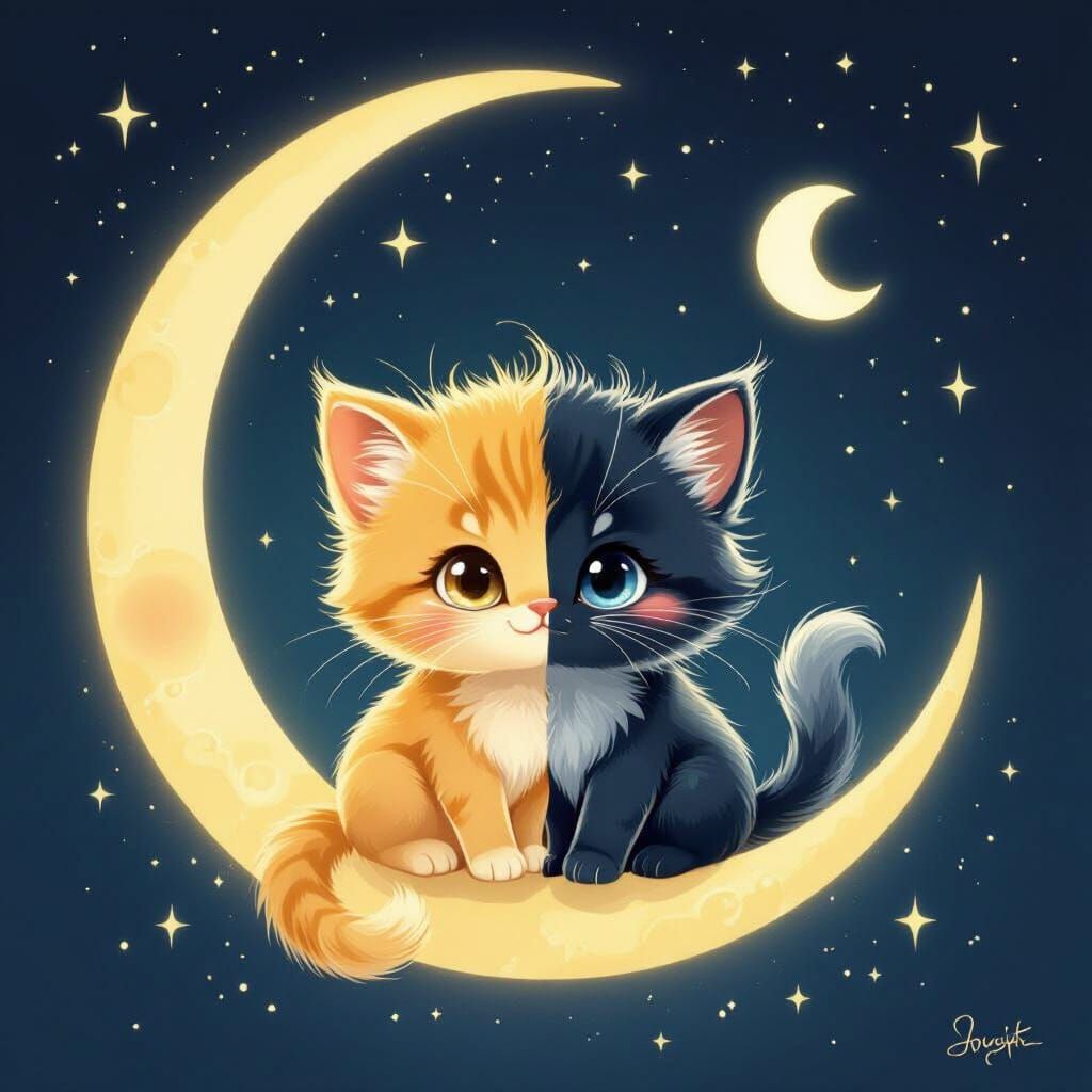 Kitten Embodies Sun and Moon in Whimsical Fantasy Art