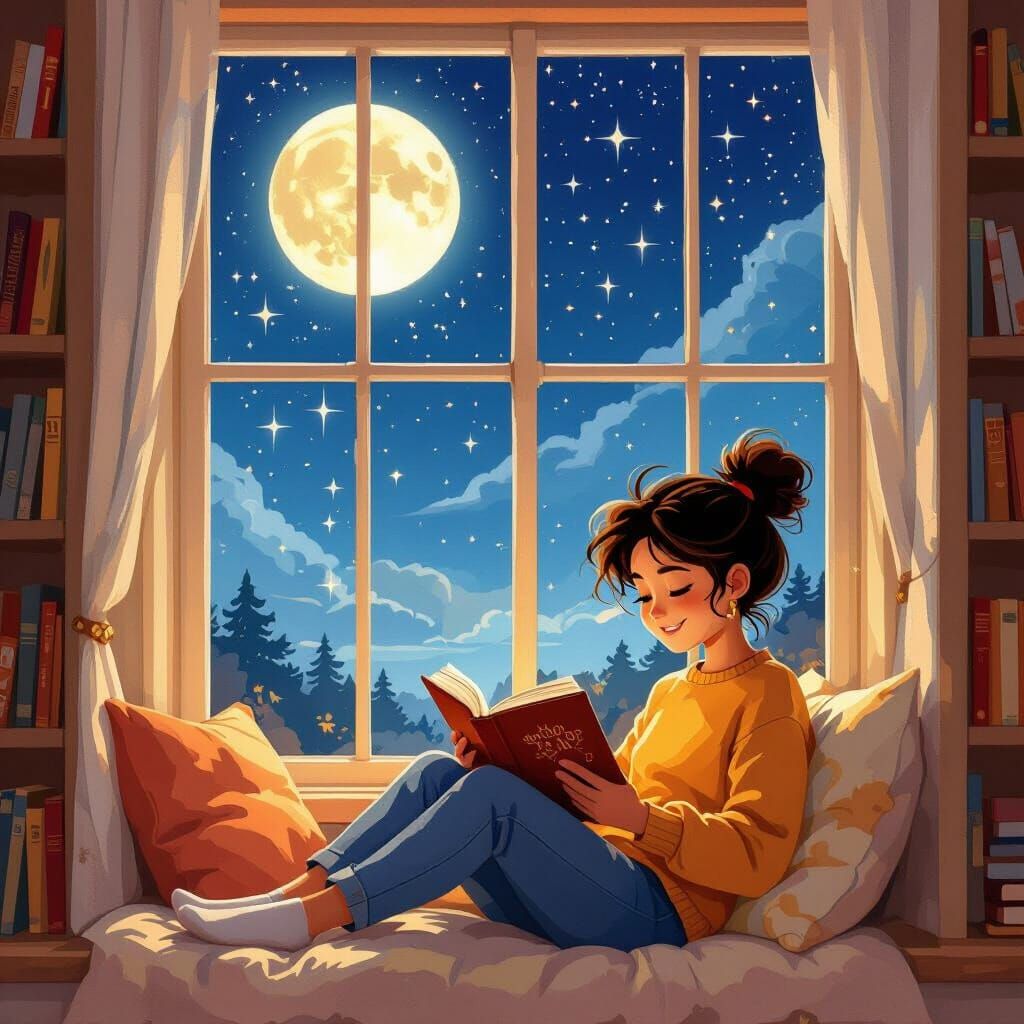 Cozy Reading Nook Under Starry Night Sky