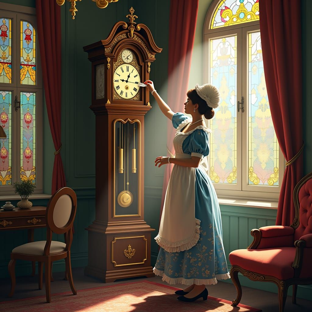Victorian Cleaning Lady Dusting Grandfather Clock