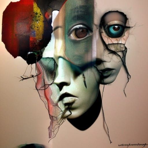 Surreal Woman's Portrait with Ink Drips in Mosaic Style