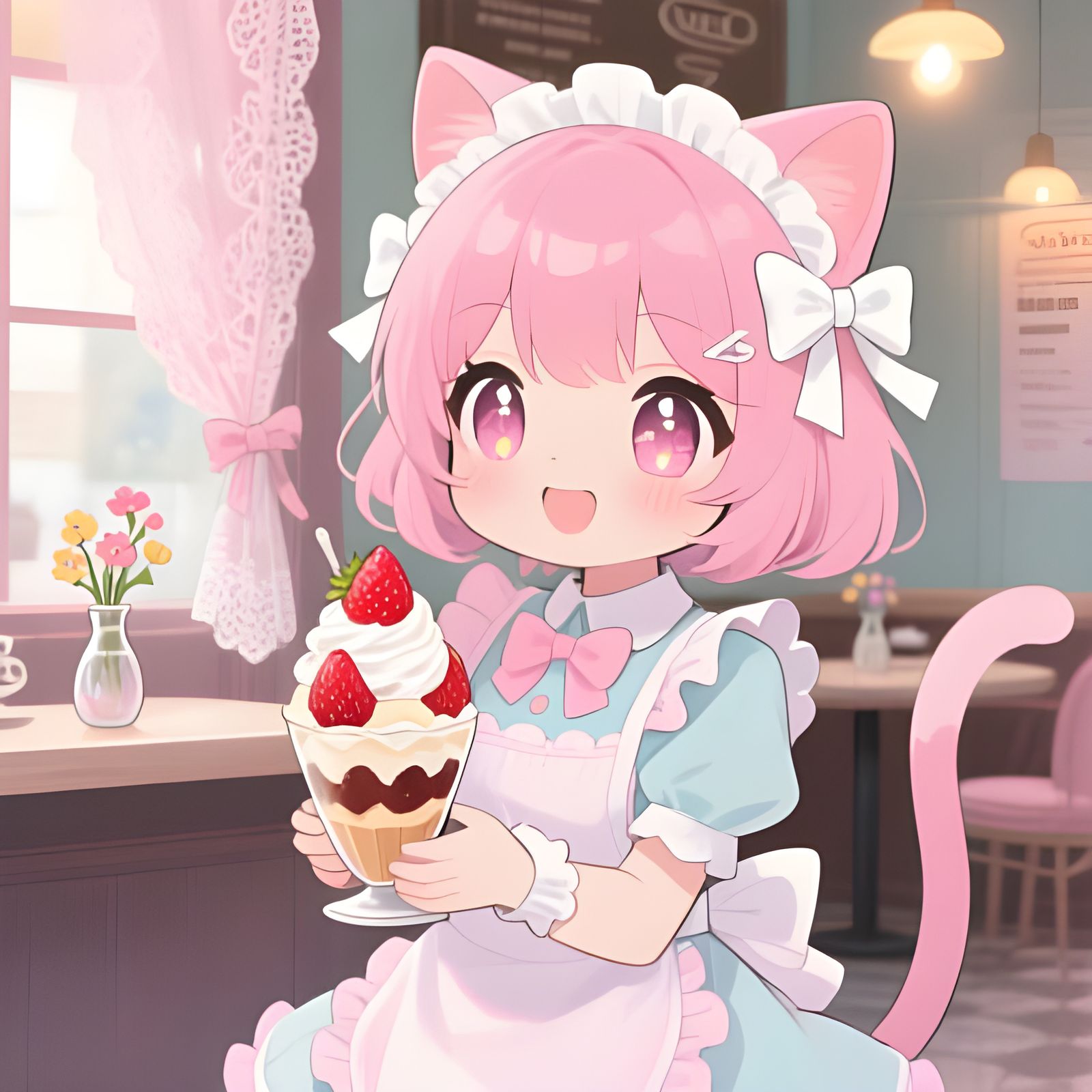 Anime Catgirl with Strawberry Parfait
