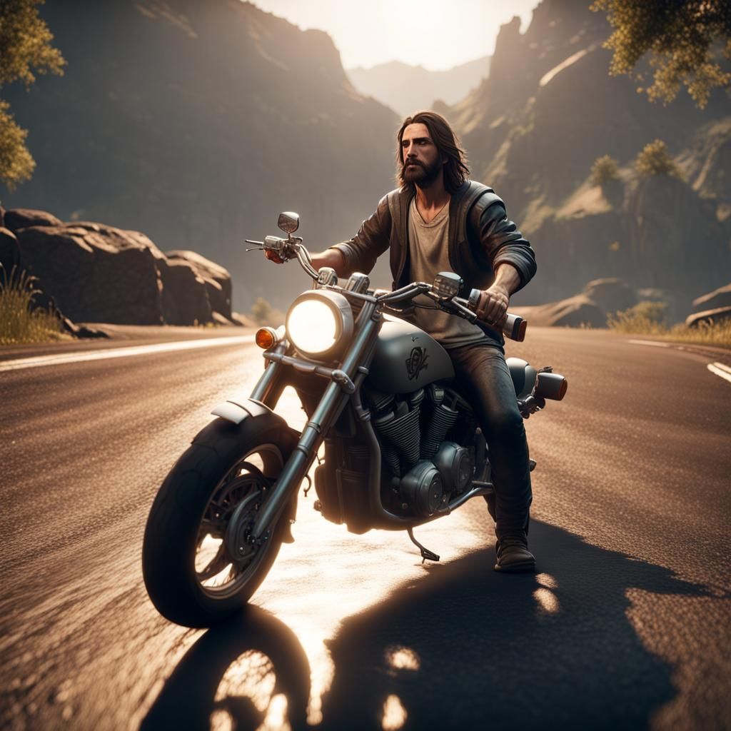 Jesus Christ Rides a Motorcycle: 3D Render