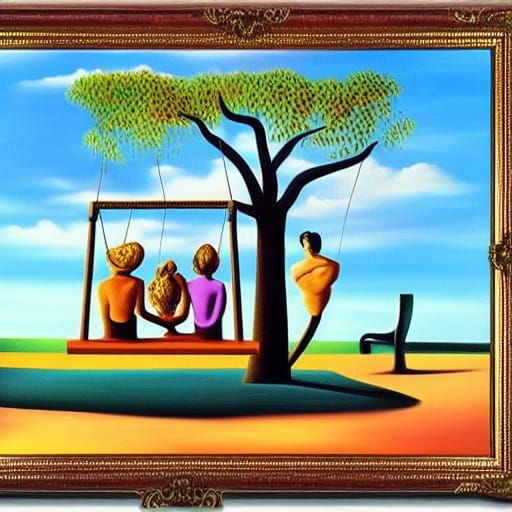 Couple on Swings Under Surreal Tree, Dali Style