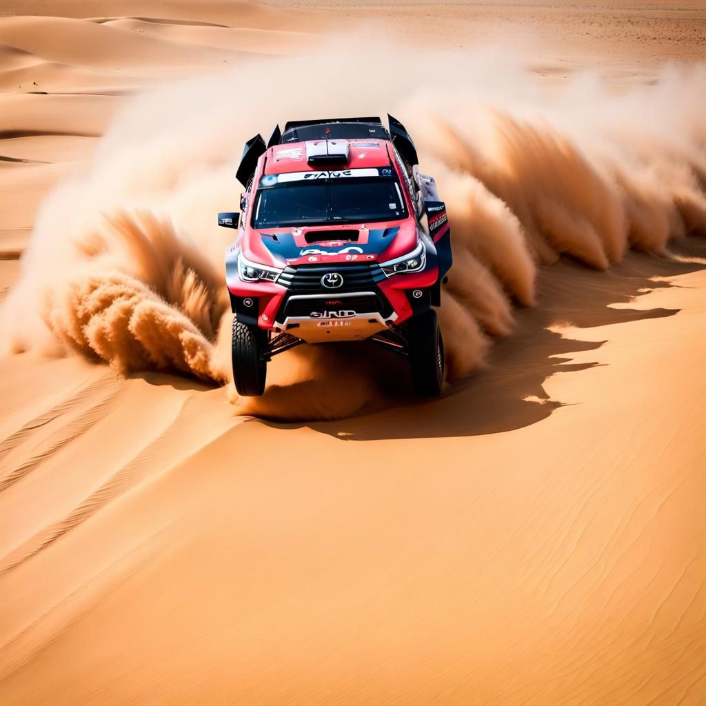 Toyota Hilux Jumps Sand Dune: Cyberpunk Dakar Rally