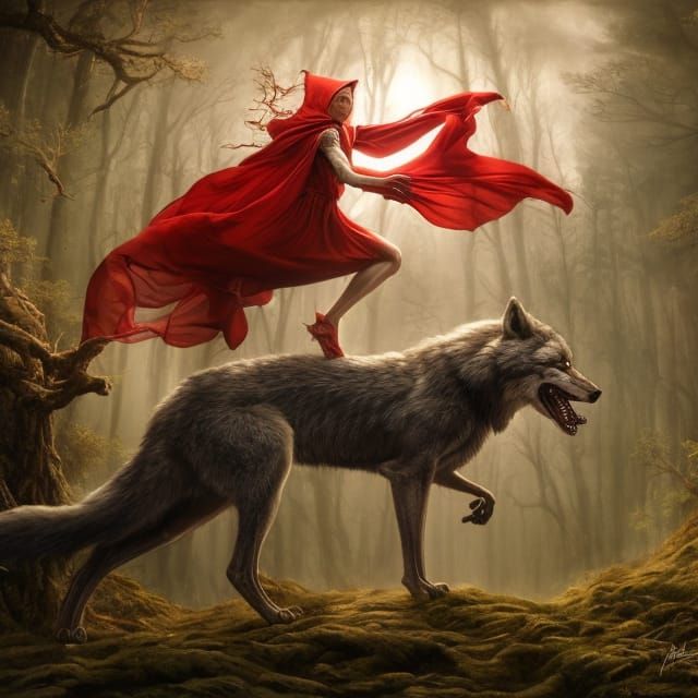 Fierce Red Riding Hood Leaps on Wolf's Back in Vibrant Story...