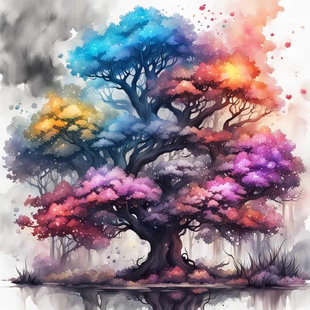 Detailed Botanical Ink Wash Painting in 8K