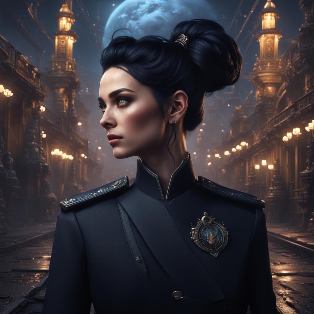Beautiful Woman in Black Uniform: Digital Matte Painting