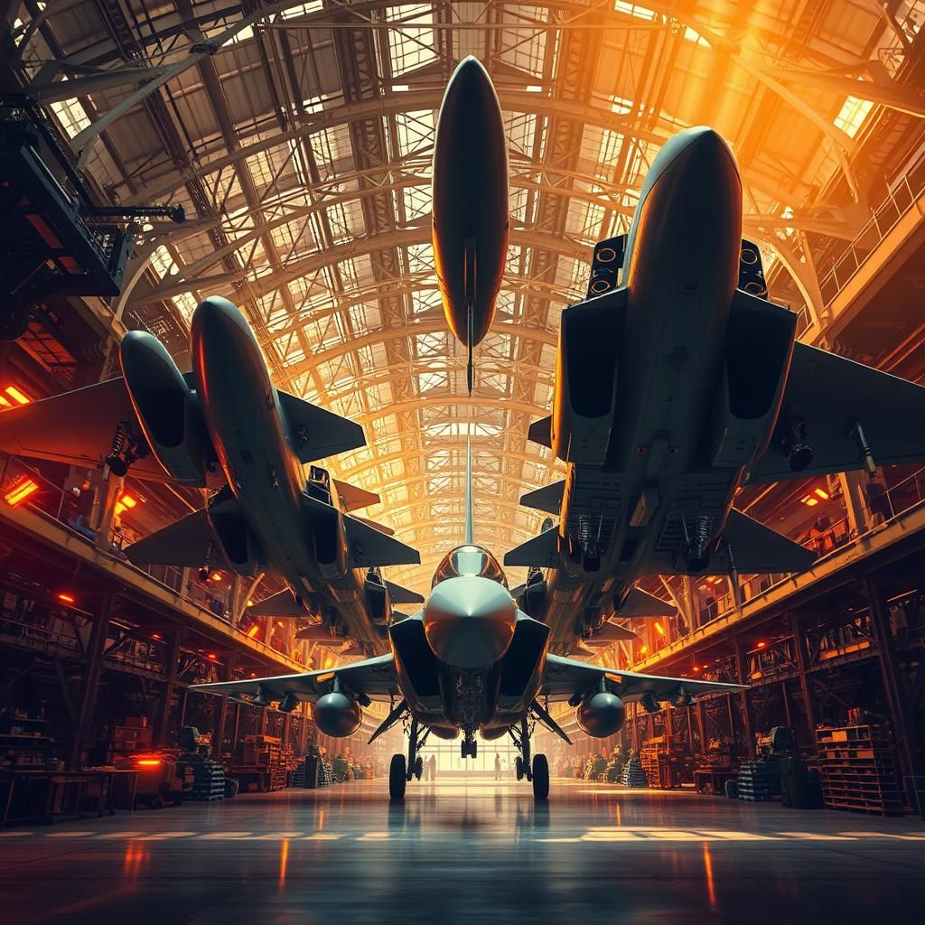 Airplane Factory with Military Fighters in Golden Light