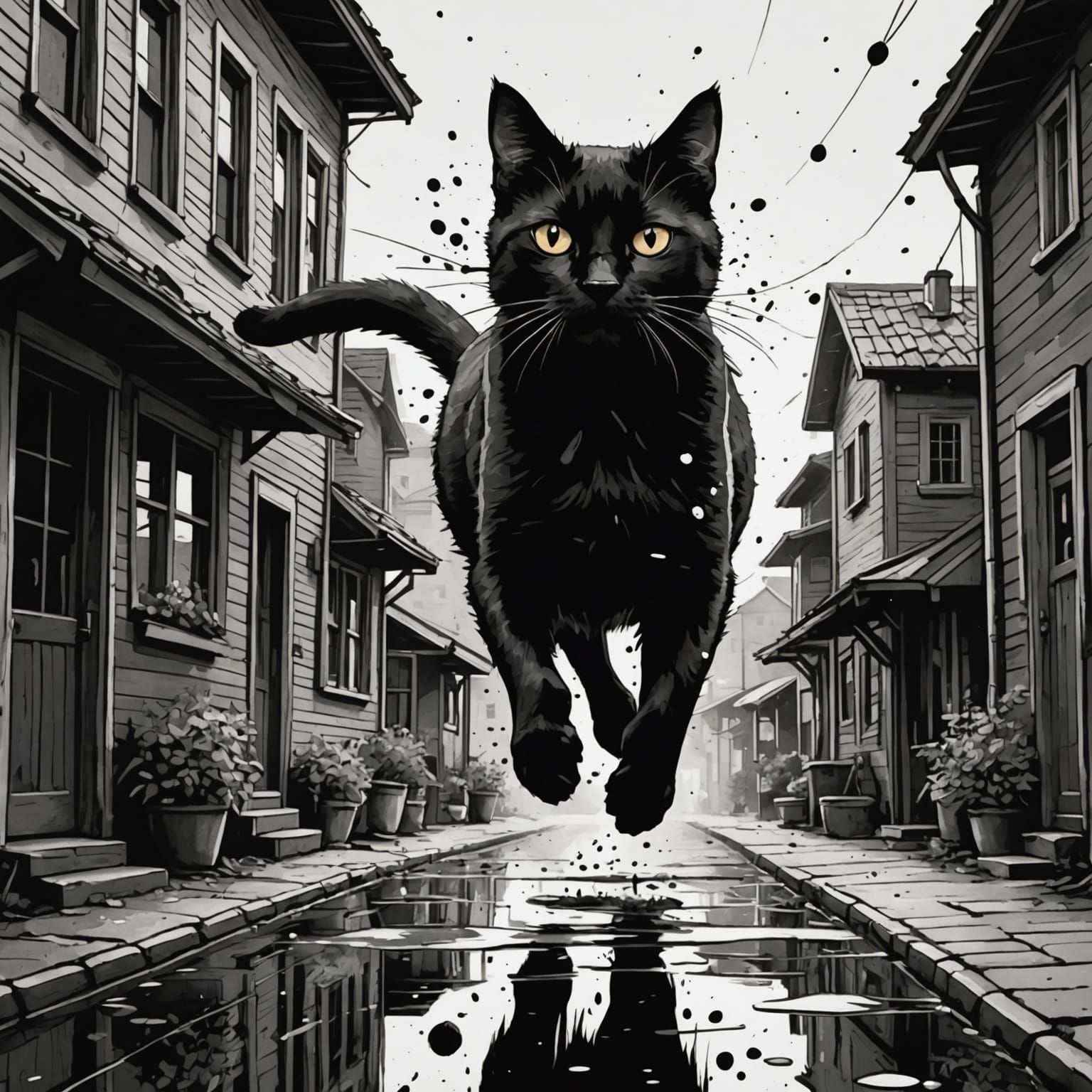 Black Cat Runs Through Town in Ink Splash Style