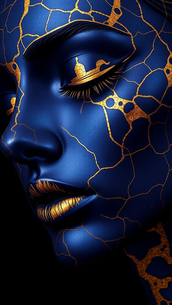 Woman's Face in Blue and Gold, Stylized Modern Sculpture