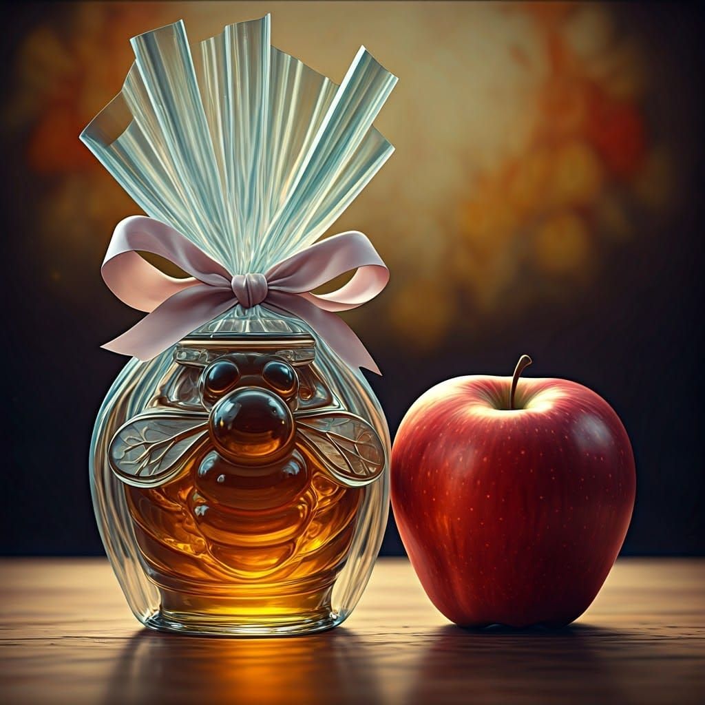 Glass Bee Honey Jar and Apple Still Life