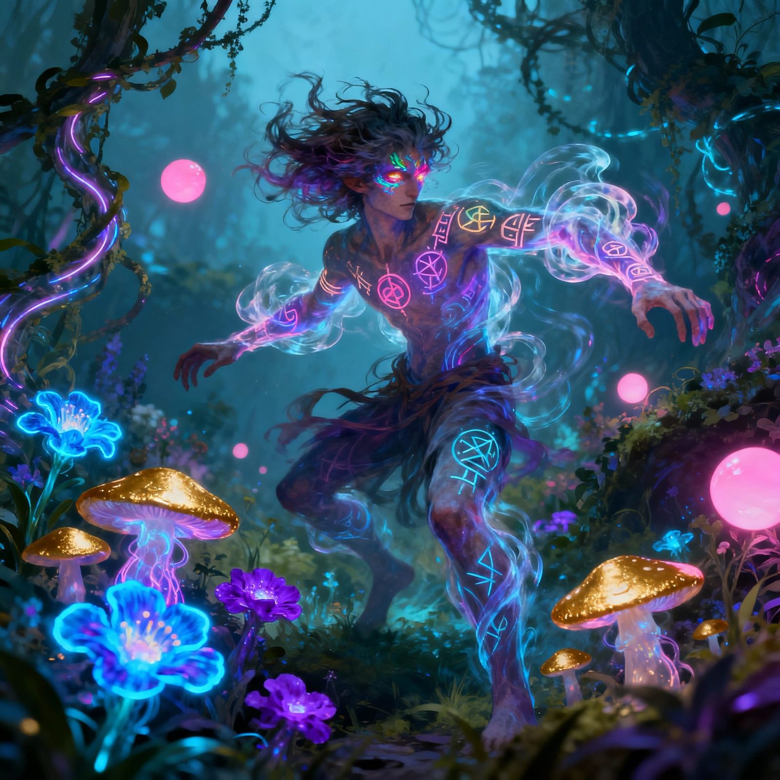 Chaotic Magical Being in Bioluminescent Garden