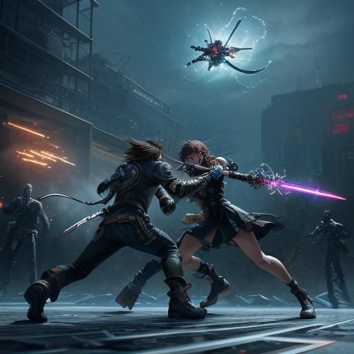 Keyblade and Gunblade Clash in Cyberpunk Arena