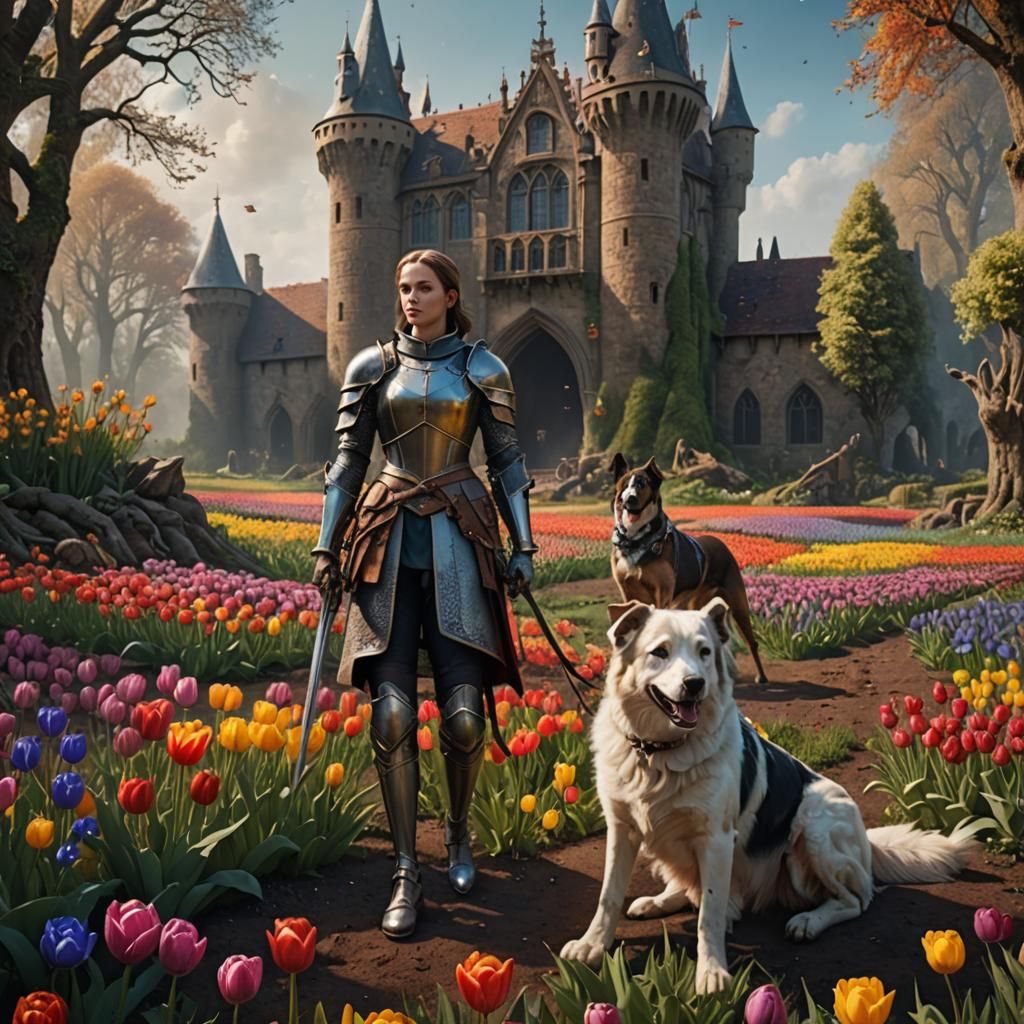 Medieval Scene with Knight and Damsel in Tulip Field