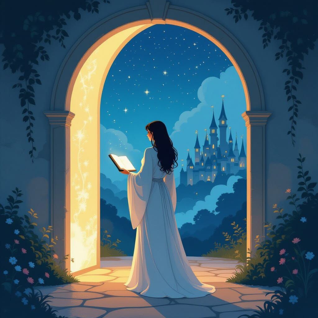Woman at Glowing Archway in Fantasy Landscape