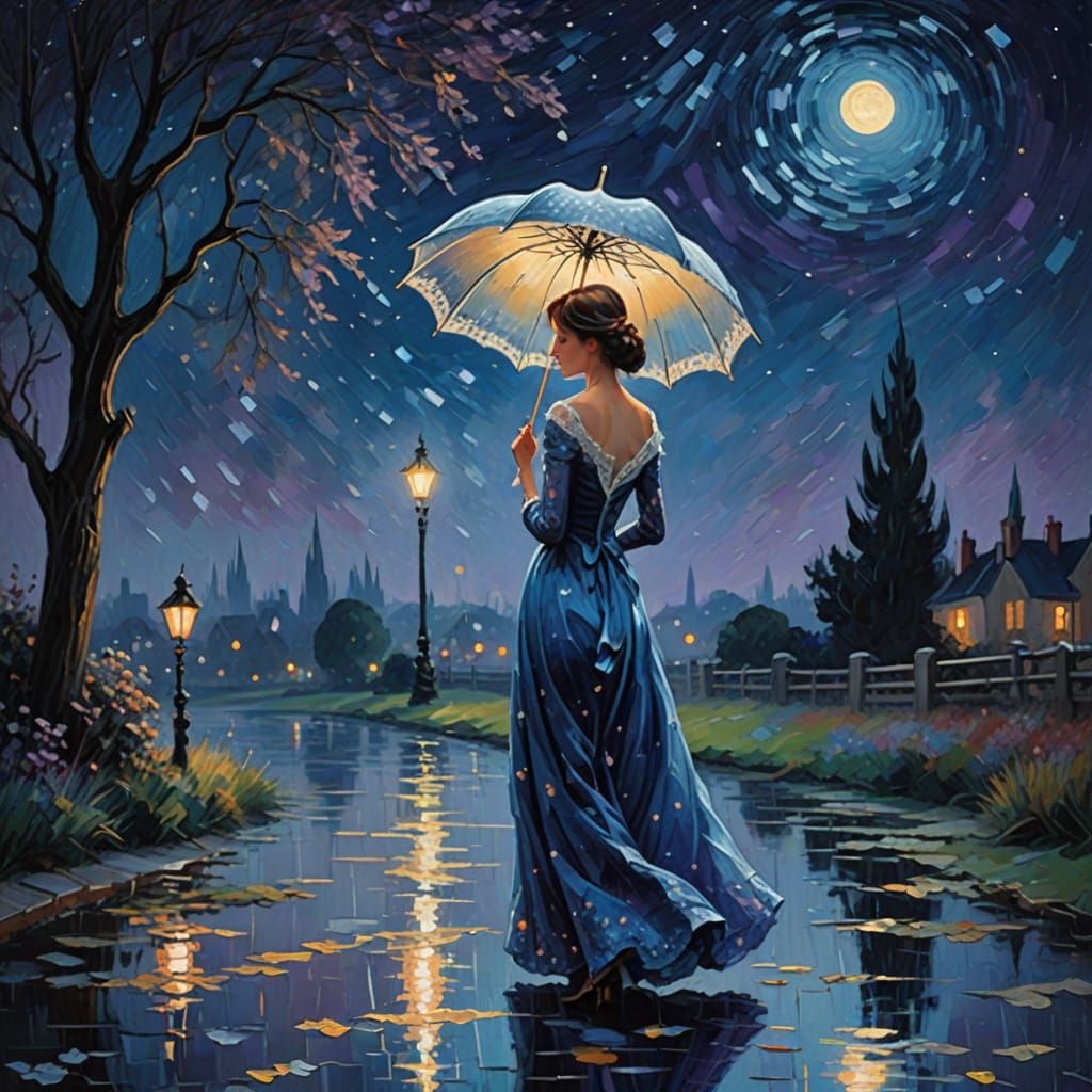 Dreamy Blue Evening Gown Under Starry Night Sky