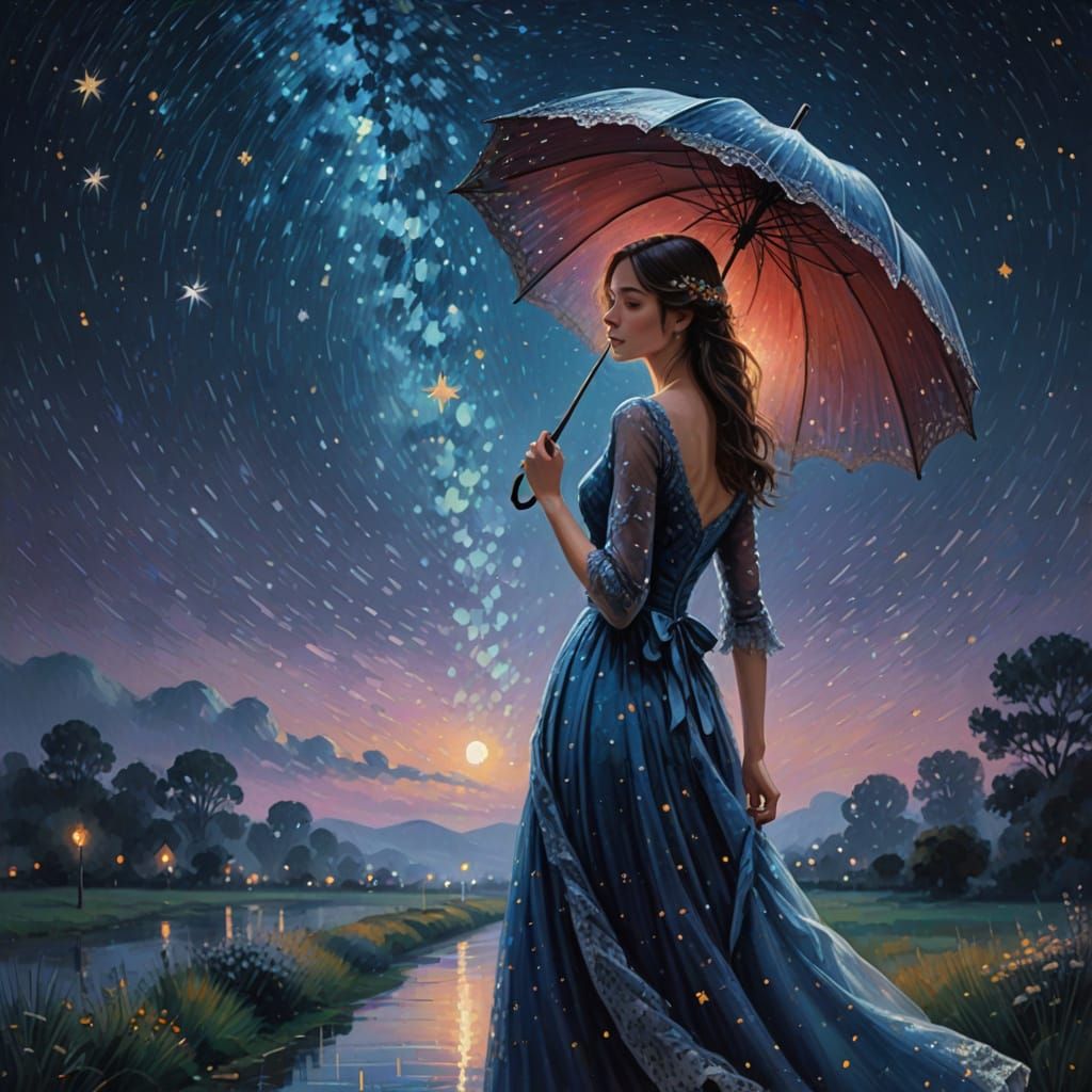 Impressionist Woman Under the Starry Night Sky