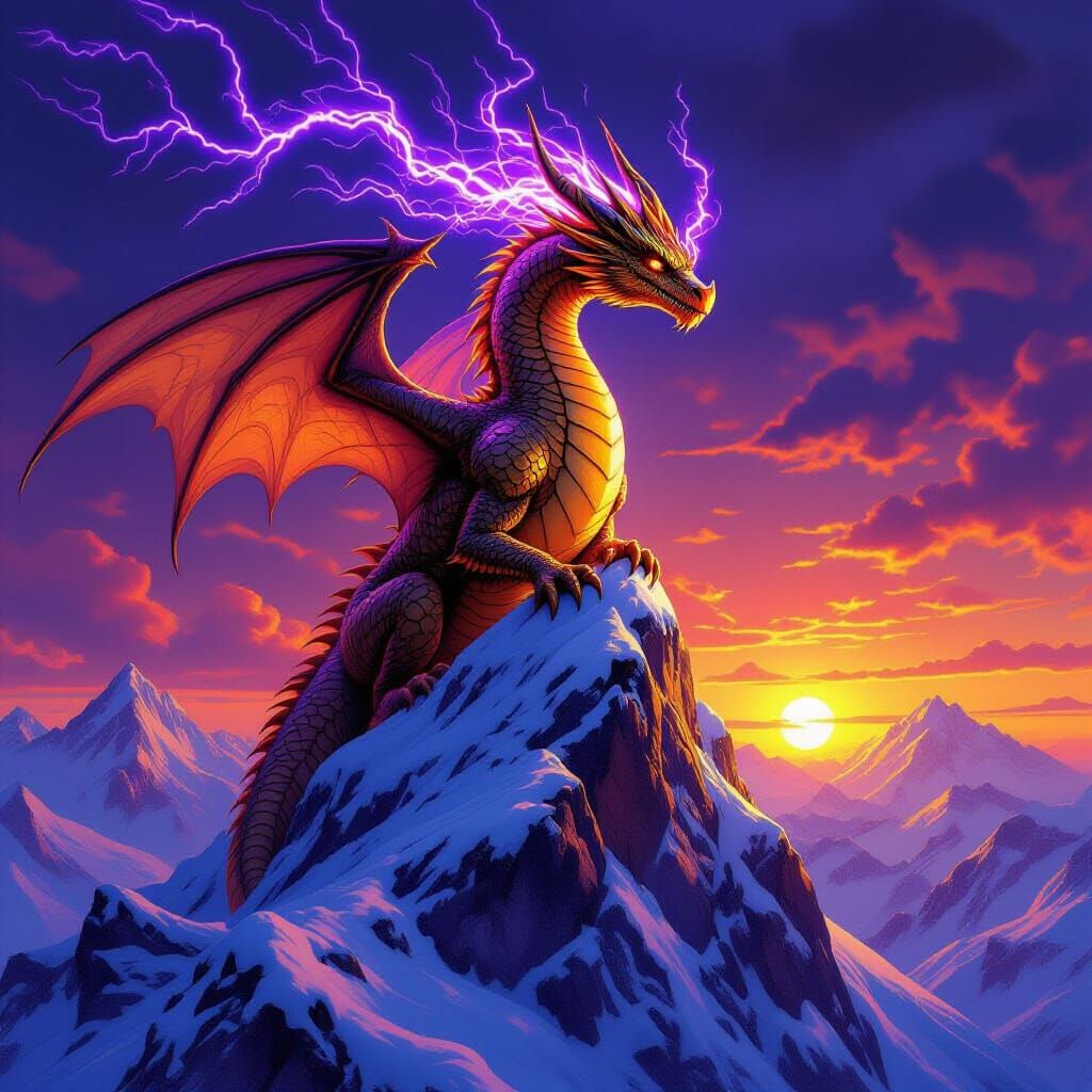 Majestic Golden Dragon on Snowy Peak at Sunset