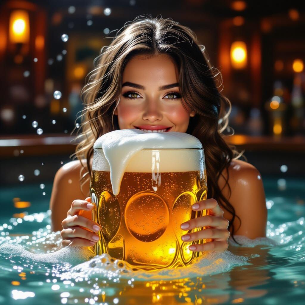 Woman Joyfully Swimming in Giant Beer Glass