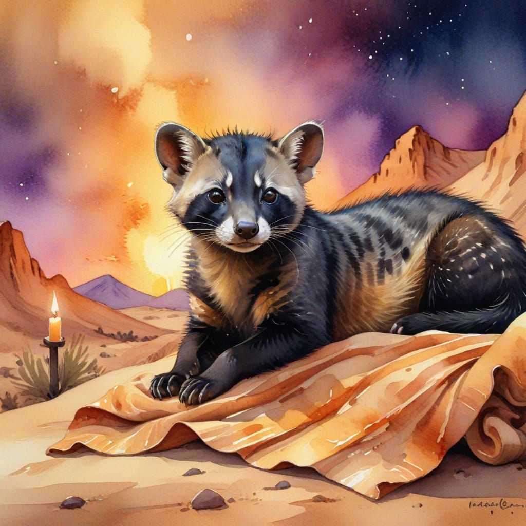 Civet Basking in Desert Warmth with Candle Glow