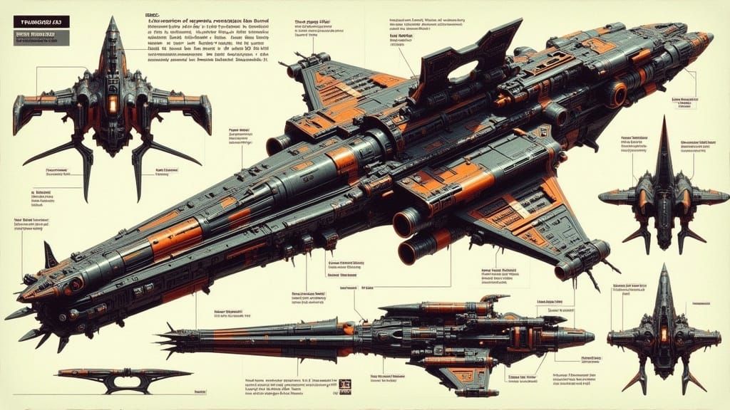 Sleek Intergalactic Cruiser Schematic in Cyberpunk Futurism