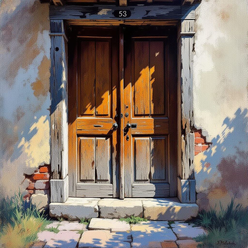 Ancient Wooden Doors and Threshold in Dynamic Watercolor Sty...